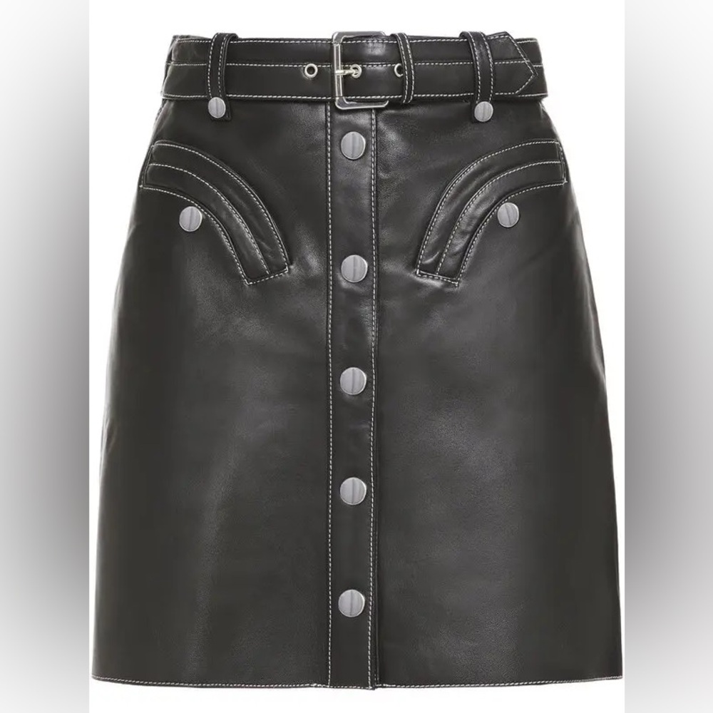 Maje Janaille Leather Belted Mini Skirt Black Silver Lambskin A-Line - Picture 2 of 8
